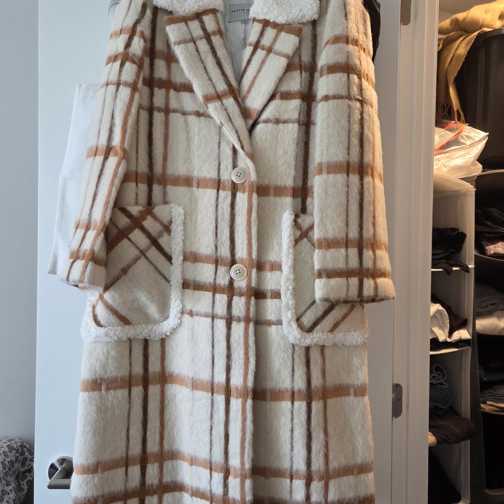 Petite Studio Cream and Tan Plaid Pea Coat